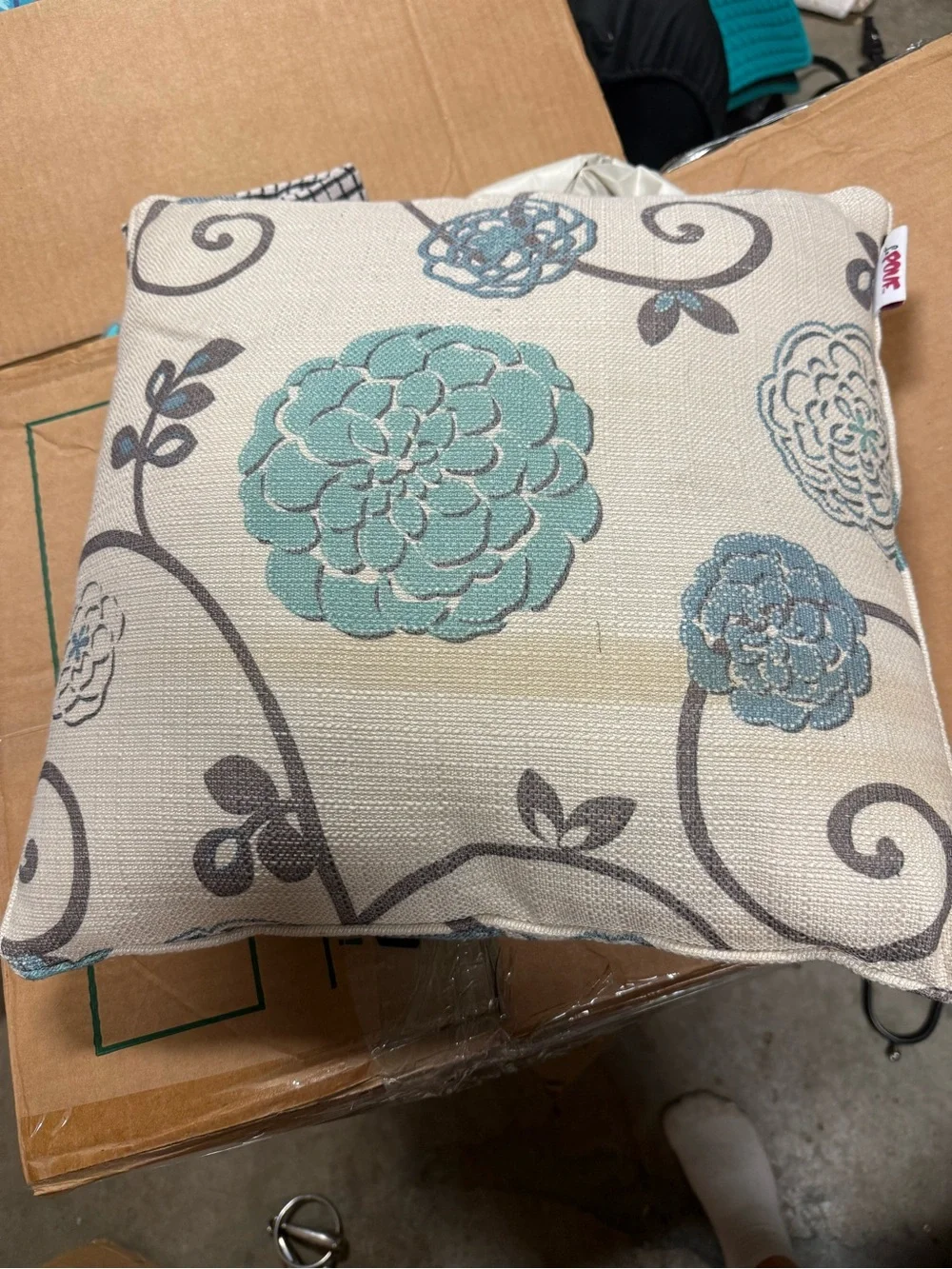 Decorative Floral Swirl Pillow in Cream and Blue Set of TWO